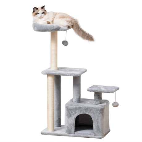 Cat Tree Tower for Indoor Cats 114cm Climbing Activity Centre Kitten with Sisal Scratching Post Perch Hanging Ball Condo Toy Light Grey, PawHut,