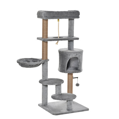 Cat Tree Tower for Indoor Cats 120cm Climbing Kitten Activity Center with Jute Scratching Post Perch Hanging Ball Hammock Teasing Rope Condo Toy Light Grey, PawHut,