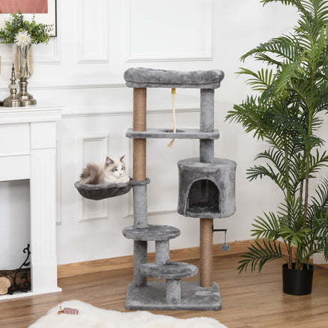 Cat Tree Tower for Indoor Cats 120cm Climbing Kitten Activity Center with Jute Scratching Post Perch Hanging Ball Hammock Teasing Rope Condo Toy Light Grey, PawHut,