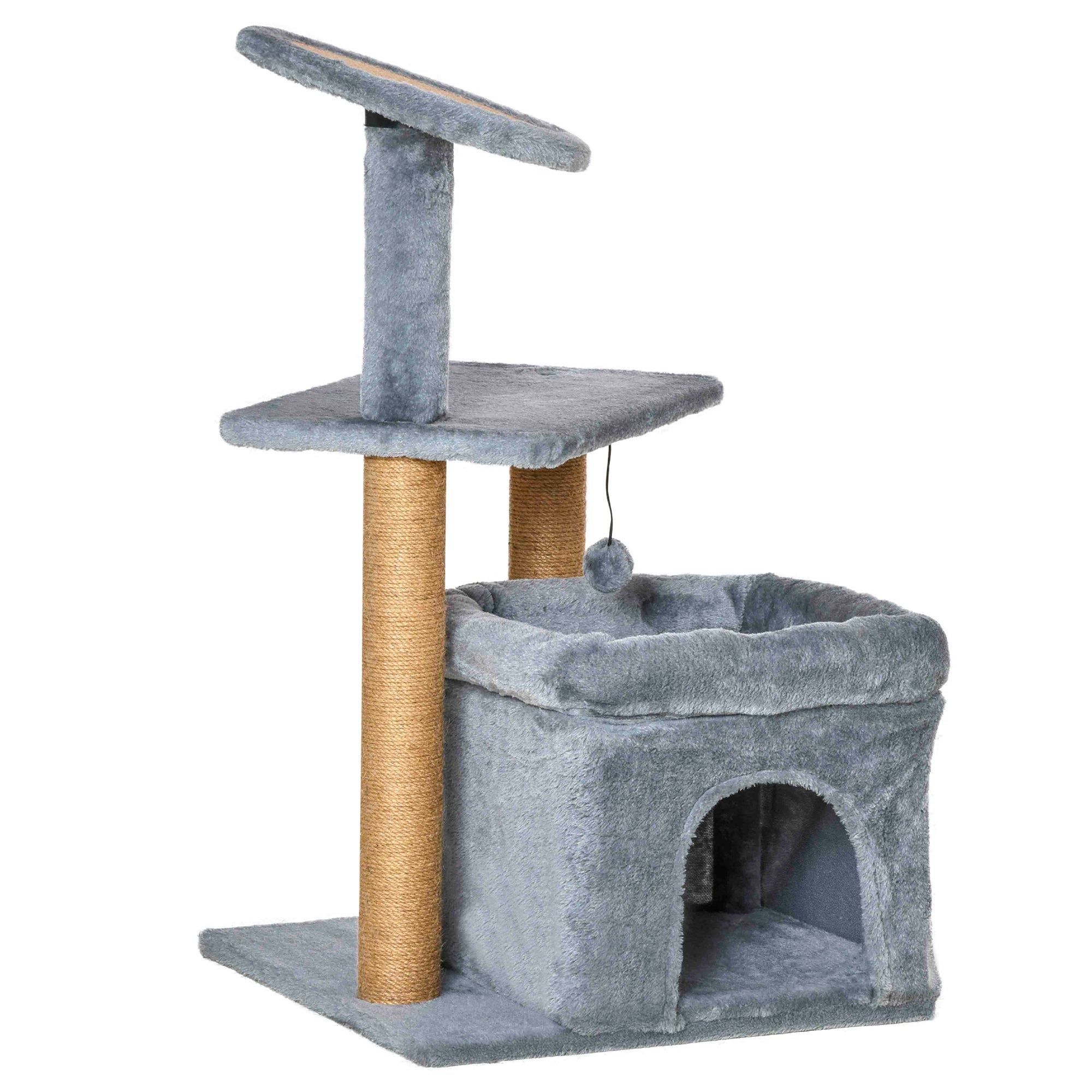Cat Tree Tower for Indoor Cats, Cat Scratching Post with Bed, Cat House, Scratching Pad, Perch, Interactive Ball Toy 48 x 48 x 84cm, Grey, PawHut,