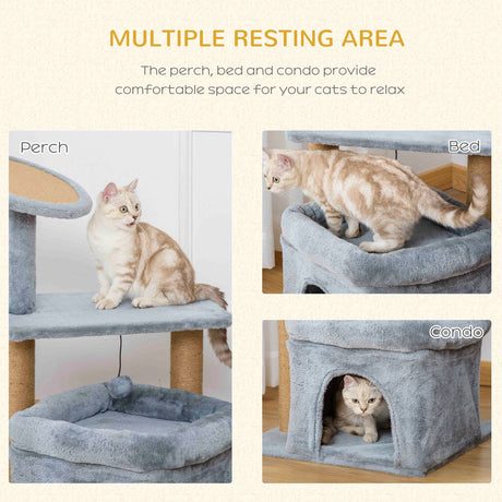 Cat Tree Tower for Indoor Cats, Cat Scratching Post with Bed, Cat House, Scratching Pad, Perch, Interactive Ball Toy 48 x 48 x 84cm, Grey, PawHut,