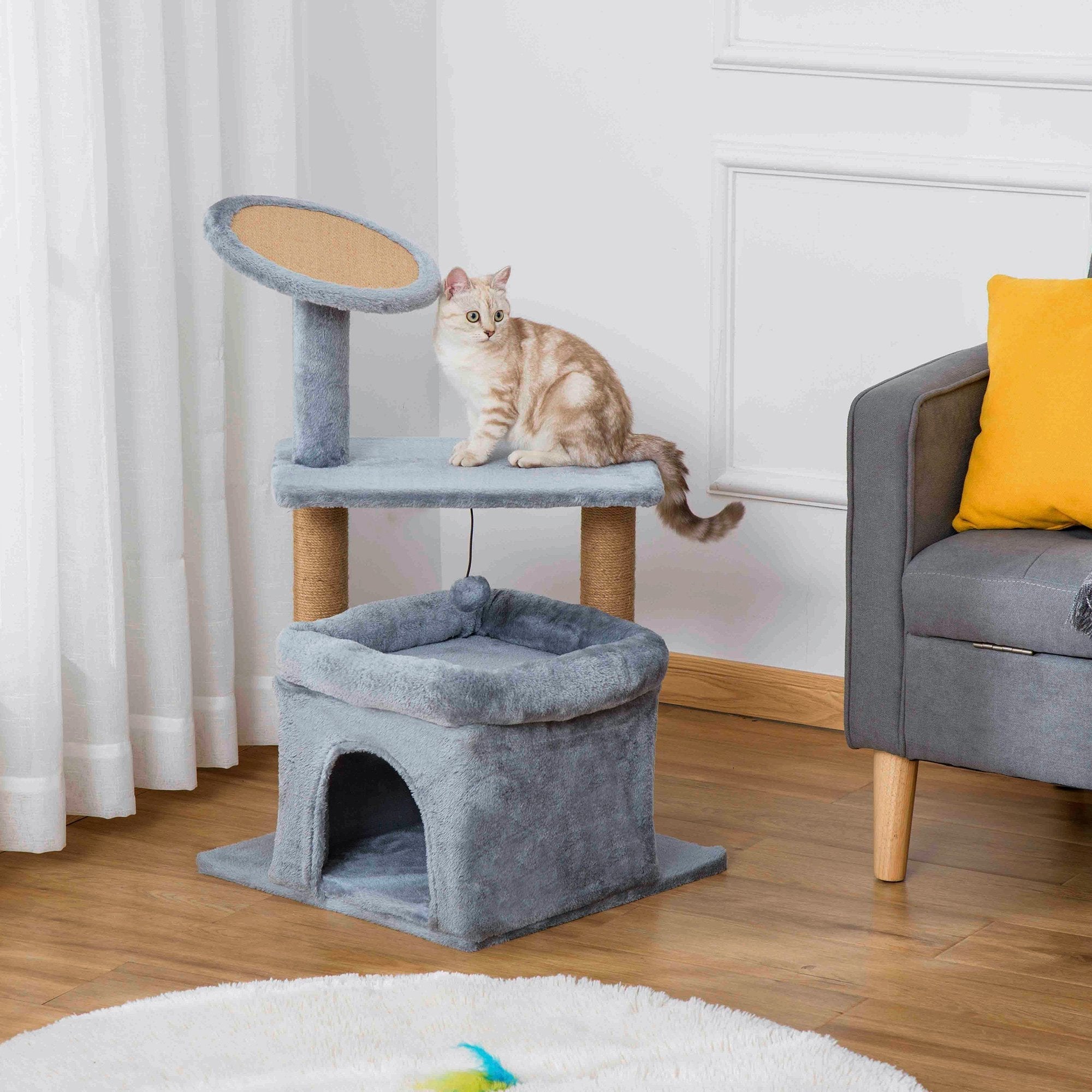 Cat Tree Tower for Indoor Cats, Cat Scratching Post with Bed, Cat House, Scratching Pad, Perch, Interactive Ball Toy 48 x 48 x 84cm, Grey, PawHut,
