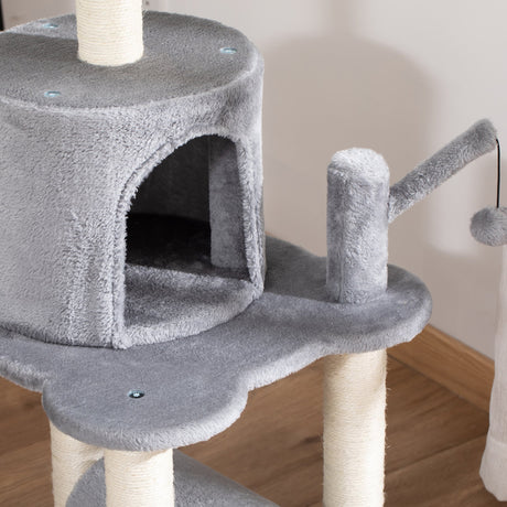 Cat Tree Tower for Indoor Cats Climbing Activity Center Kitten Furniture with Jute Scratching Post Bed Tunnel Perch Hanging Balls Grey, PawHut,