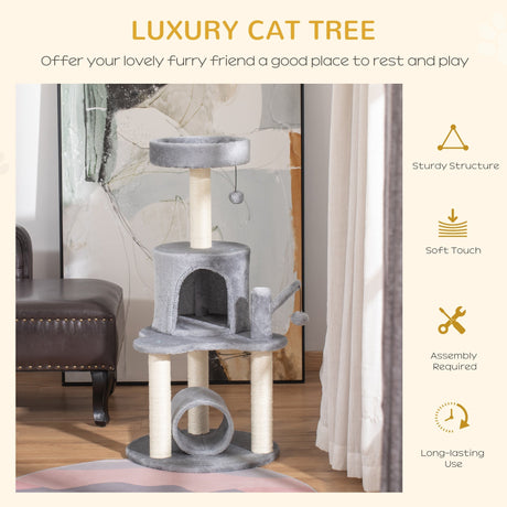 Cat Tree Tower for Indoor Cats Climbing Activity Center Kitten Furniture with Jute Scratching Post Bed Tunnel Perch Hanging Balls Grey, PawHut,