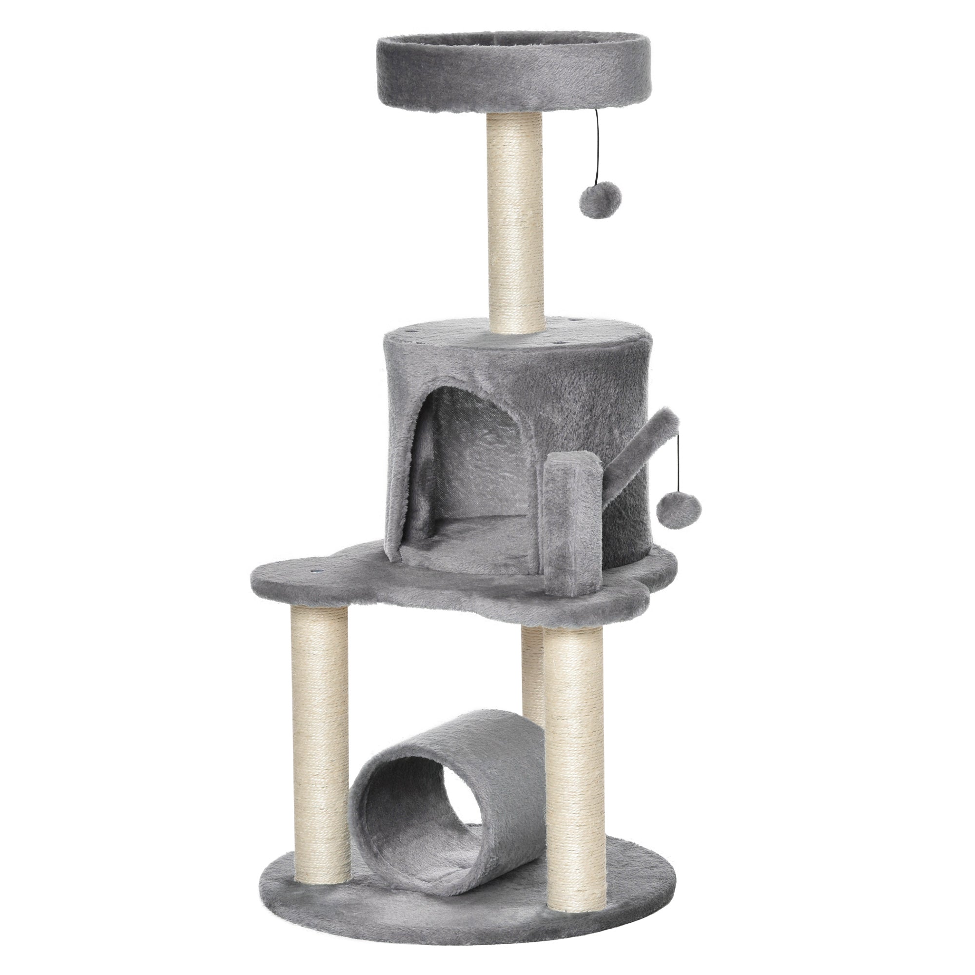 Cat Tree Tower for Indoor Cats Climbing Activity Center Kitten Furniture with Jute Scratching Post Bed Tunnel Perch Hanging Balls Grey, PawHut,