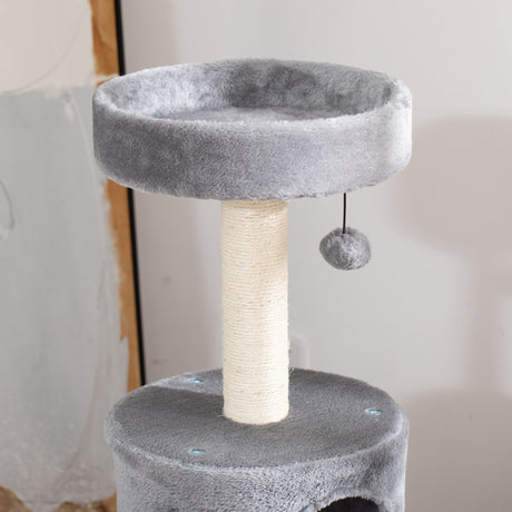 Cat Tree Tower for Indoor Cats Climbing Activity Center Kitten Furniture with Jute Scratching Post Bed Tunnel Perch Hanging Balls Grey, PawHut,