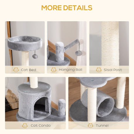 Cat Tree Tower for Indoor Cats Climbing Activity Center Kitten Furniture with Jute Scratching Post Bed Tunnel Perch Hanging Balls Grey, PawHut,