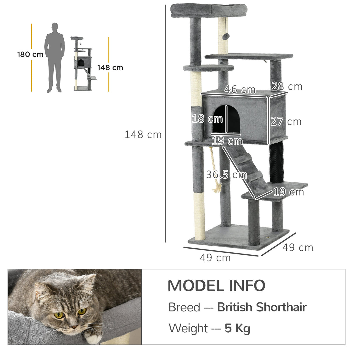 Cat Tree Tower for Indoor Cats, with Scratching Post, Cat House, Toy, Grey, PawHut,