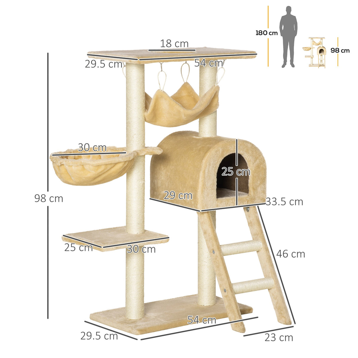 Cat Tree Tower Kitten Activity Center Scratching Post w/Hammock Condo Bed Basket 98H cm, PawHut,