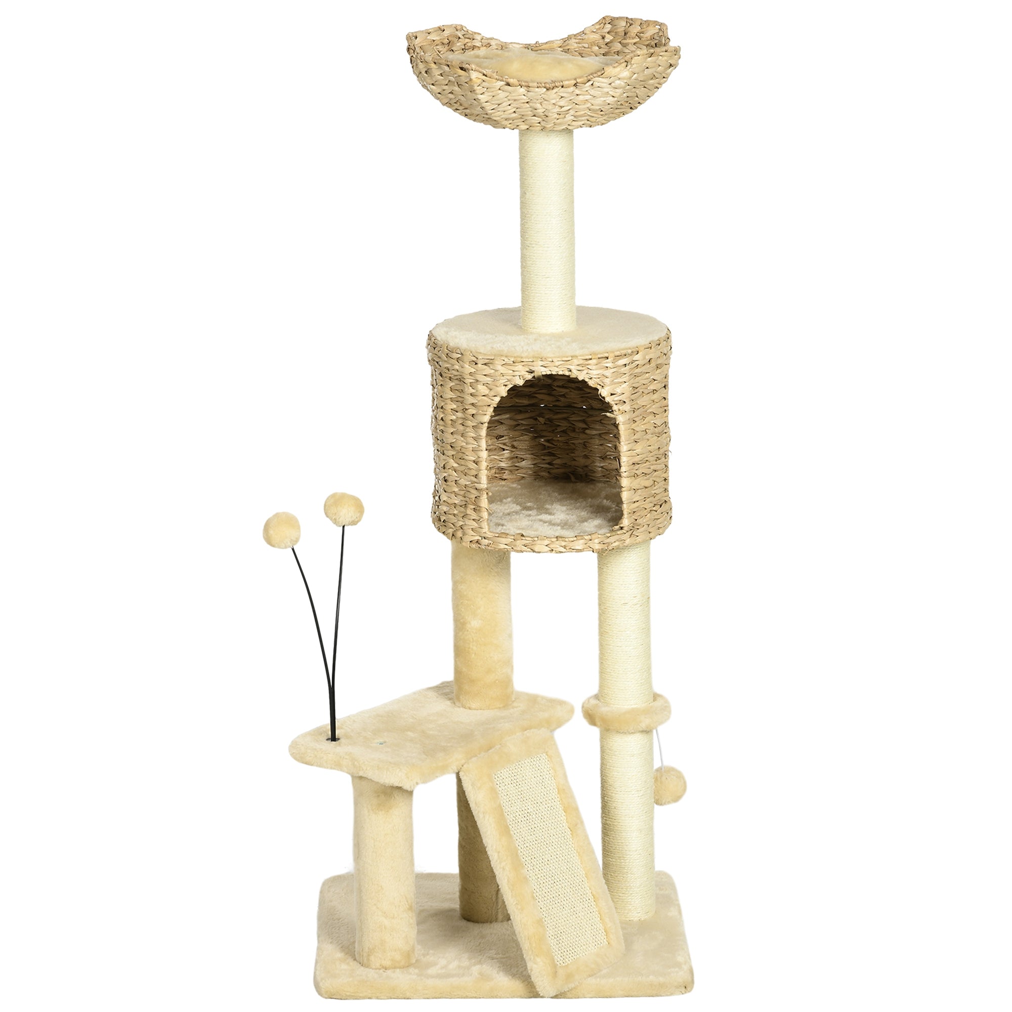 Cat Tree Tower with Scratching Post, Cat House, Bed, Toy Ball, Platform - Beige, PawHut,