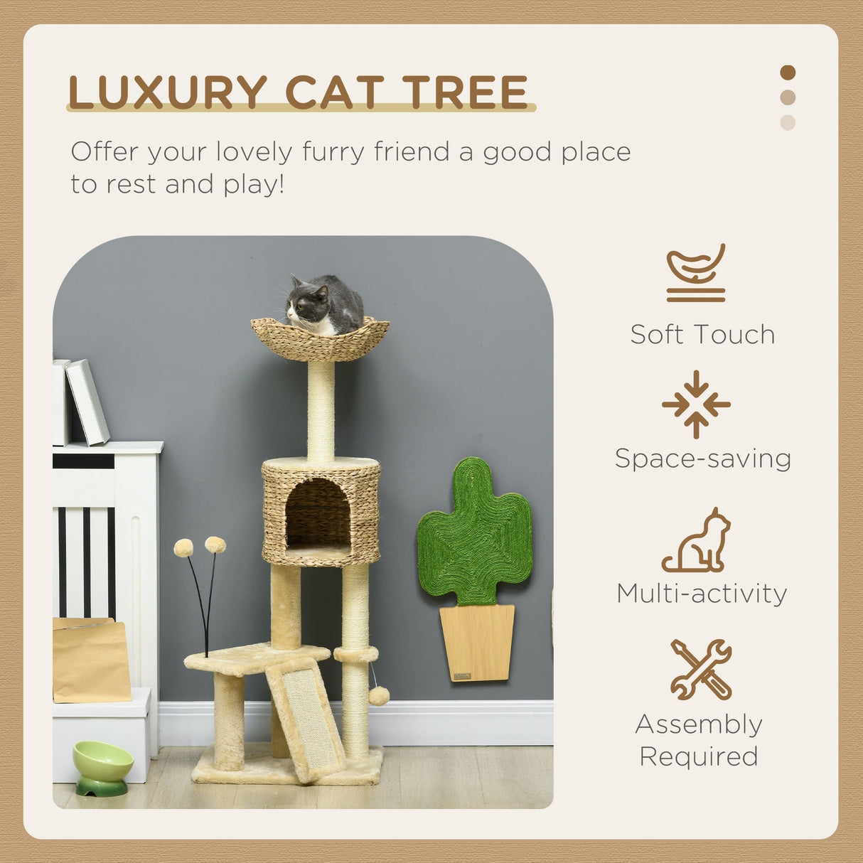 Cat Tree Tower with Scratching Post, Cat House, Bed, Toy Ball, Platform - Beige, PawHut,