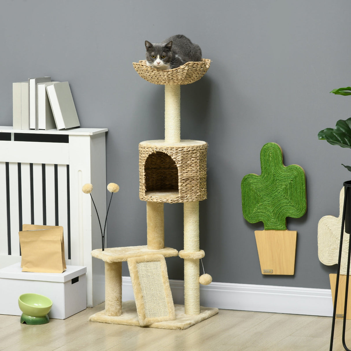 Cat Tree Tower with Scratching Post, Cat House, Bed, Toy Ball, Platform - Beige, PawHut,