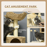 Cat Tree Tower with Scratching Post, Cat House, Bed, Toy Ball, Platform - Beige, PawHut,