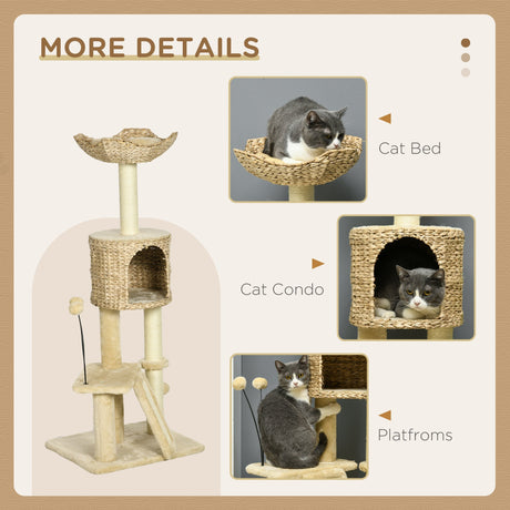 Cat Tree Tower with Scratching Post, Cat House, Bed, Toy Ball, Platform - Beige, PawHut,