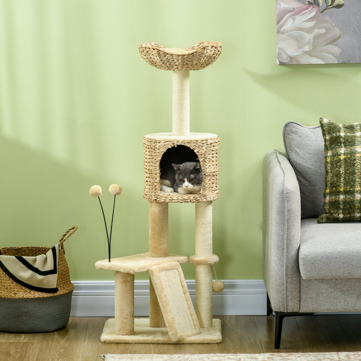 Cat Tree Tower with Scratching Post, Cat House, Bed, Toy Ball, Platform - Beige, PawHut,