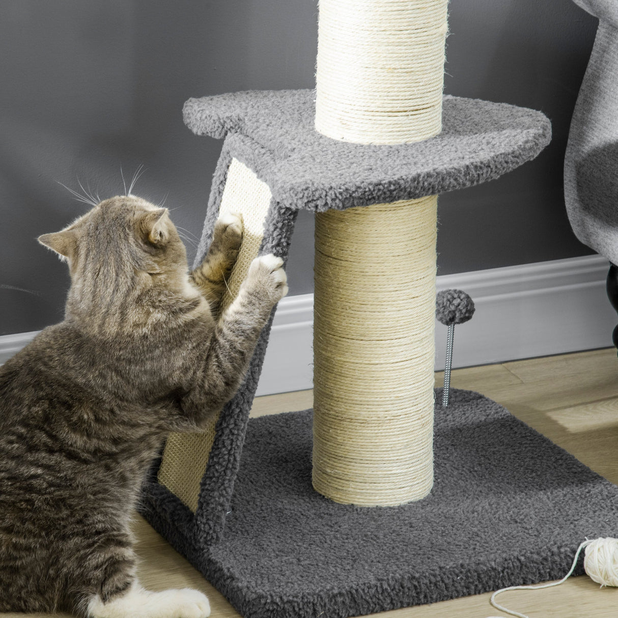 Cat Tree Tower with Scratching Posts, Pad, Bed, Toy Ball-Dark Grey, PawHut,