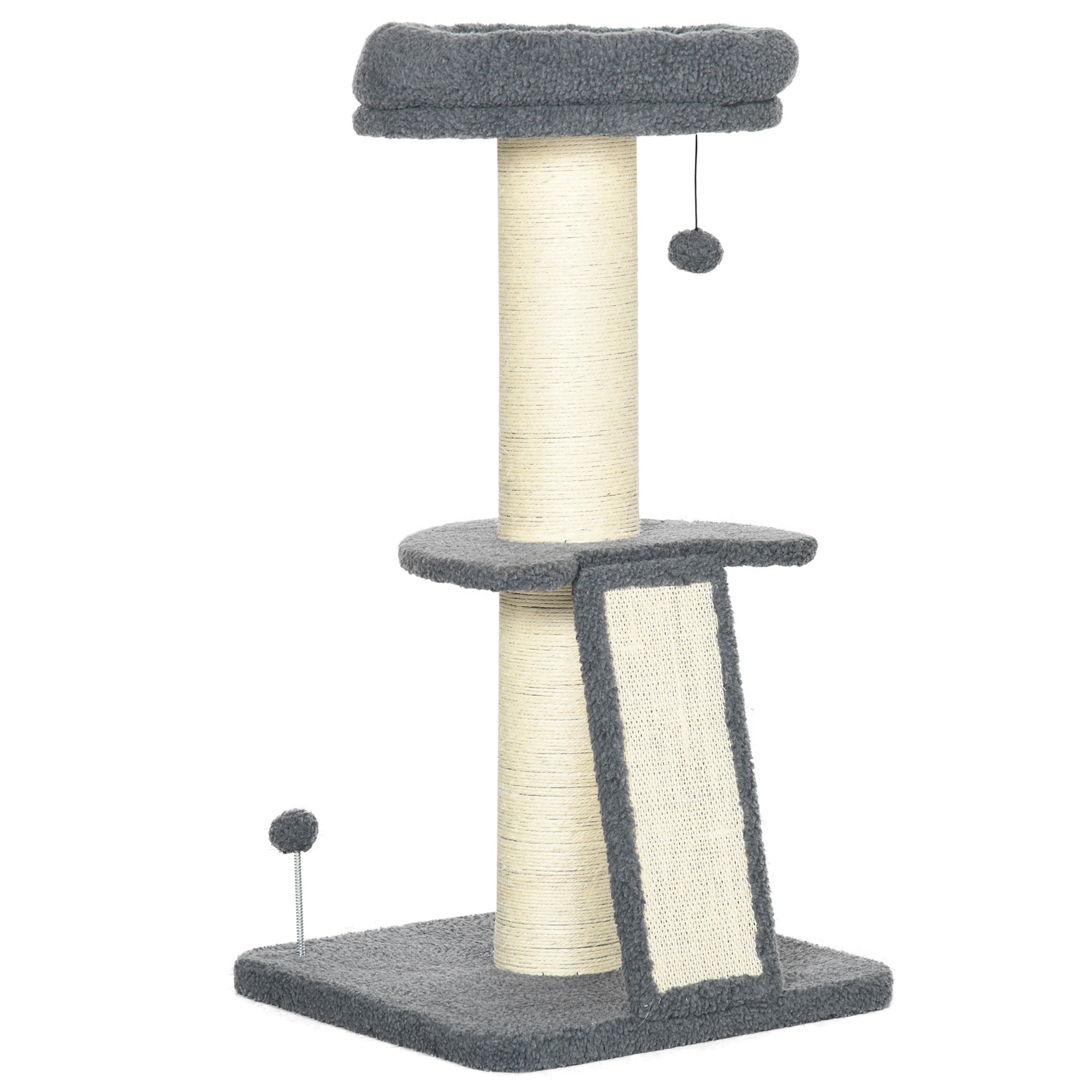 Cat Tree Tower with Scratching Posts, Pad, Bed, Toy Ball-Dark Grey, PawHut,