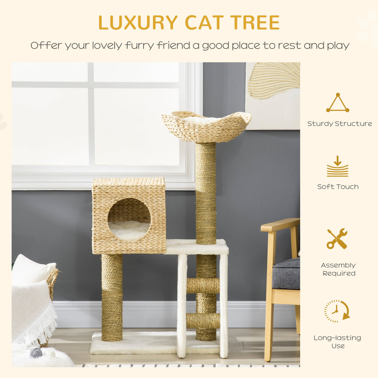 Cat Tree, with Scratching Posts, Bed, Cat House - Natural Finish, PawHut,