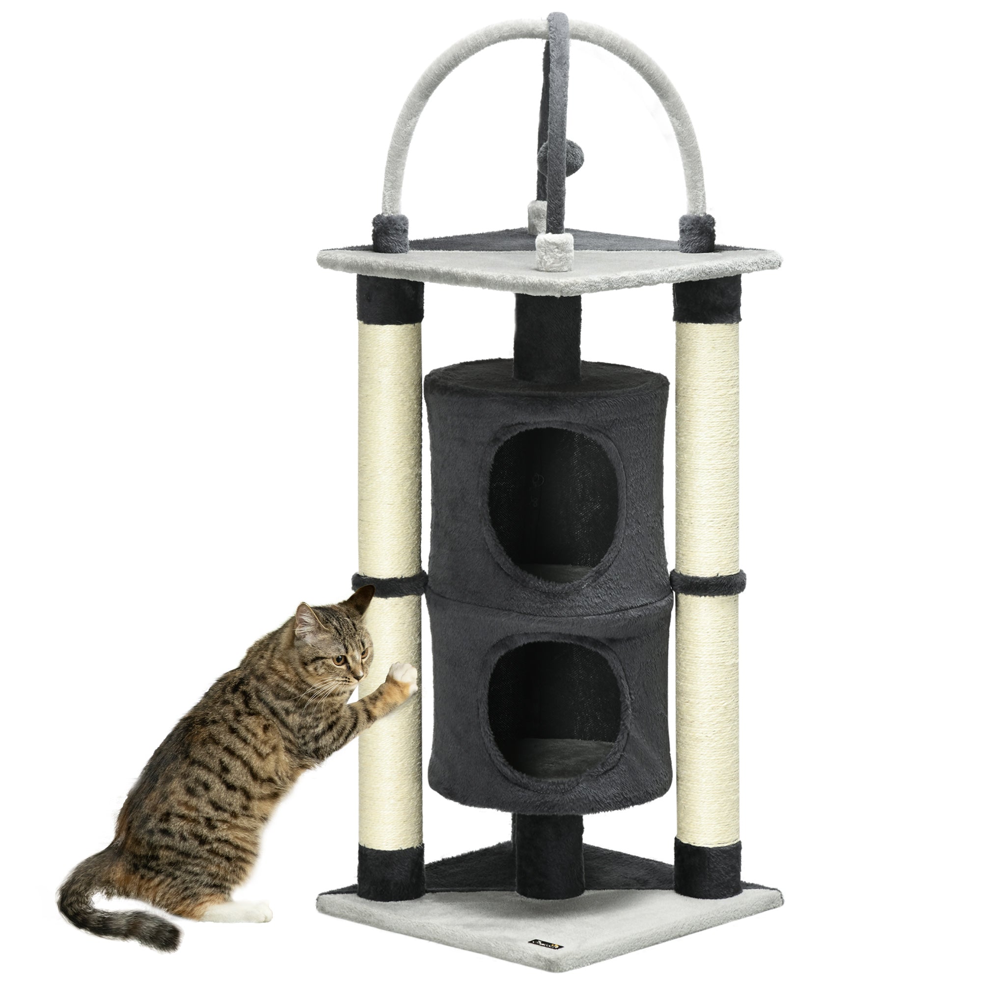 Cat Tree, with Scratching Posts, Cat House, Bed, Hanging Toy Ball - Grey, PawHut,