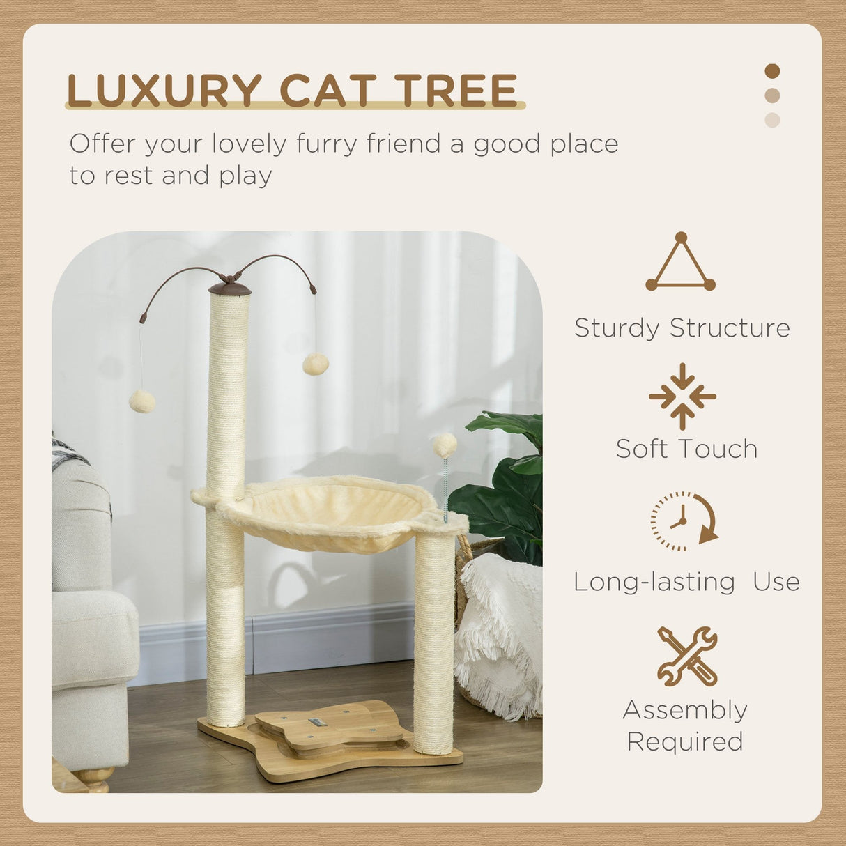 Cat Tree, with Scratching Posts, Hammock, Toy Ball - Beige, PawHut,