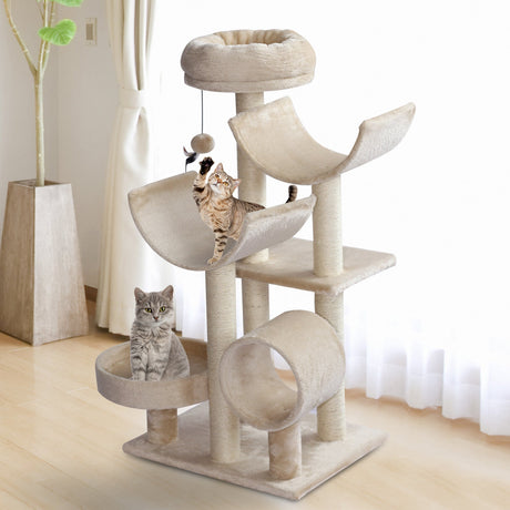 Cats 6-Tier Scratch Tree w/ Dangle Toy Beige 50Lx40Wx105H cm, PawHut,
