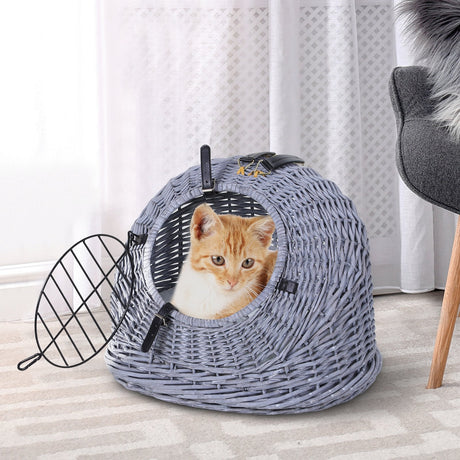 Cats Wicker Travel Carrier Basket w/ Plush Cushion Grey, PawHut,