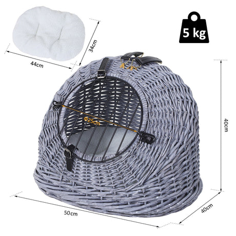 Cats Wicker Travel Carrier Basket w/ Plush Cushion Grey, PawHut,