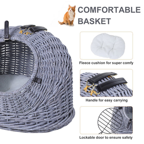 Cats Wicker Travel Carrier Basket w/ Plush Cushion Grey, PawHut,