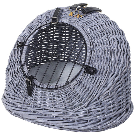 Cats Wicker Travel Carrier Basket w/ Plush Cushion Grey, PawHut,