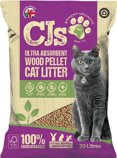CJs Ultra Absorbent Wood Pellet Cat Litter, CJs, 30 L