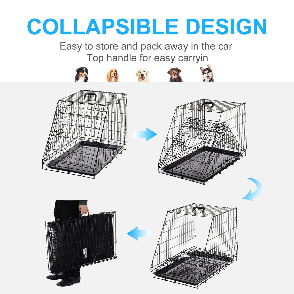 Collapsible Metal Dog Cage with Handle - 77x47x55cm, PawHut,