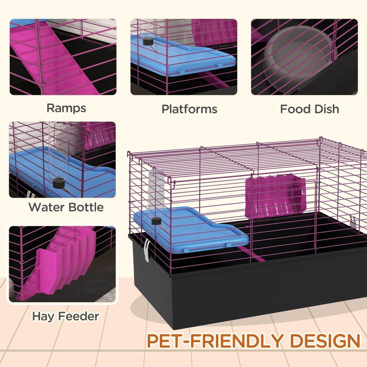 Colourful Small Animal Cage with Ramp & Accessories, PawHut,