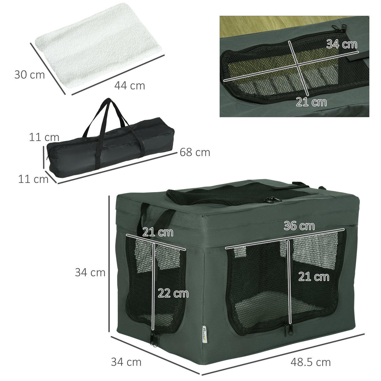Compact 48.5cm Pet Carrier for Miniature Dogs with Cushion, PawHut, Grey