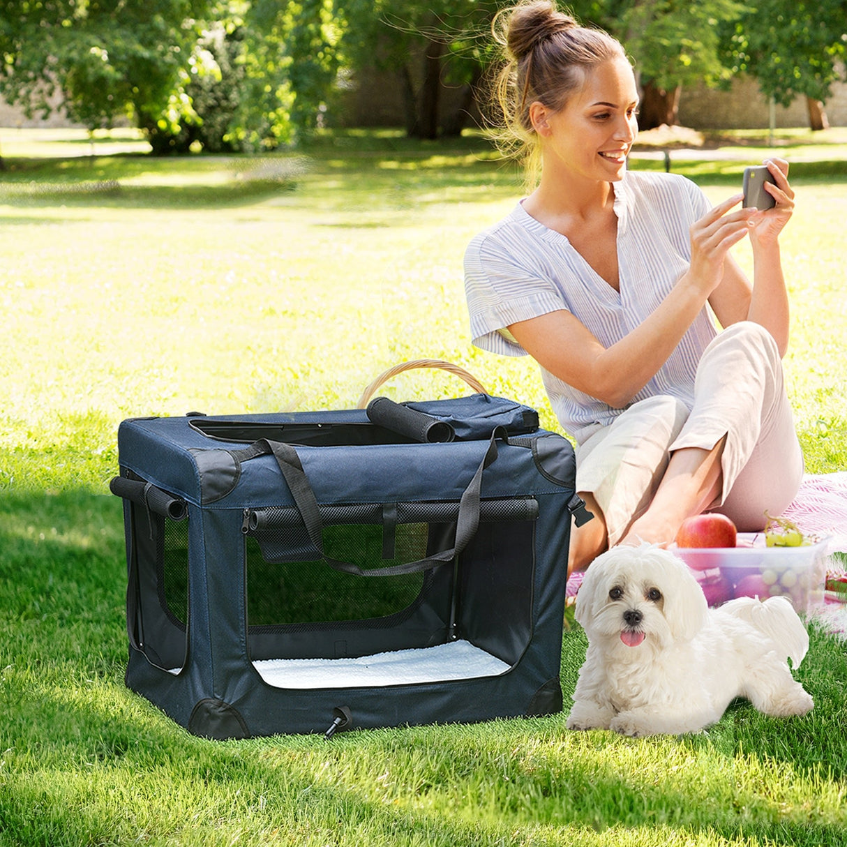 Compact Dark Blue Pet Crate with Mesh Windows, PawHut, 60 x 41.5 x 41 cm