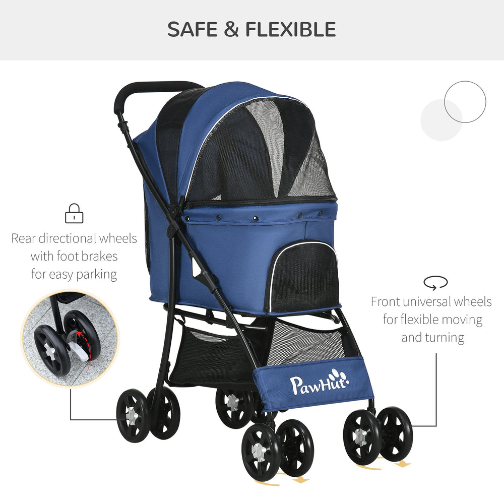 Compact Folding Pet Stroller - Large Carriage & Brakes for Small Sized Dogs, PawHut, Dark Blue