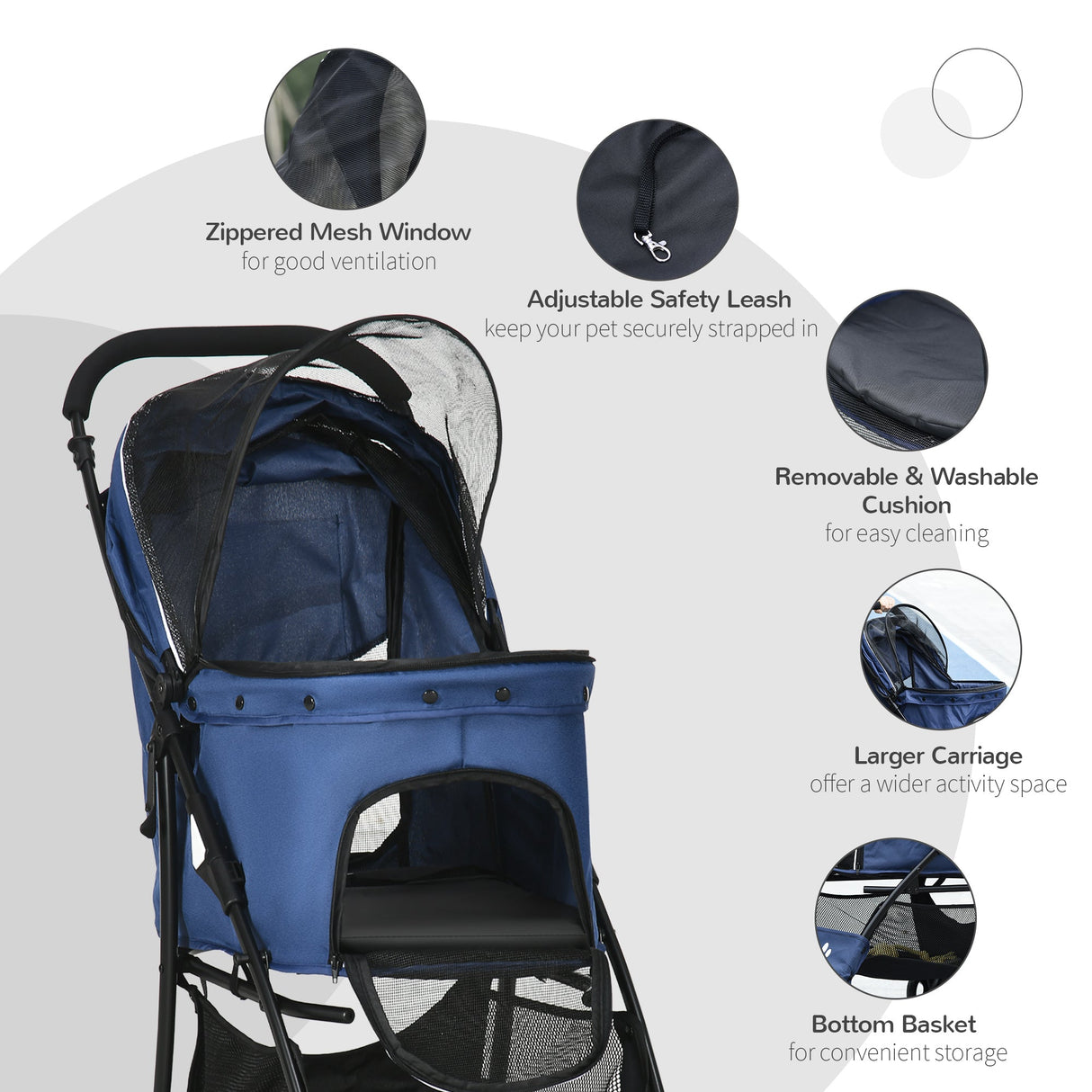 Compact Folding Pet Stroller - Large Carriage & Brakes for Small Sized Dogs, PawHut, Dark Blue