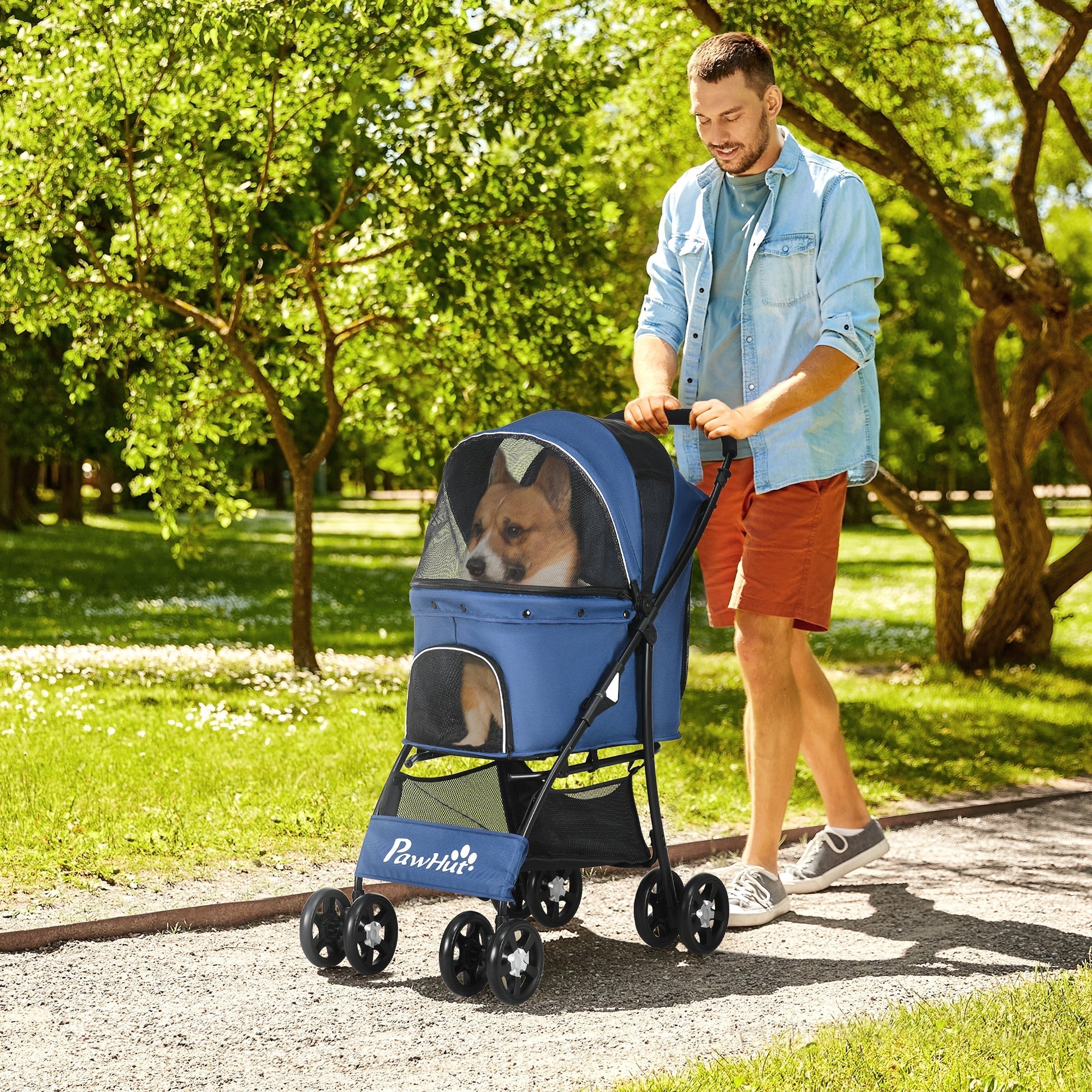 Compact Folding Pet Stroller - Large Carriage & Brakes for Small Sized Dogs, PawHut, Dark Blue