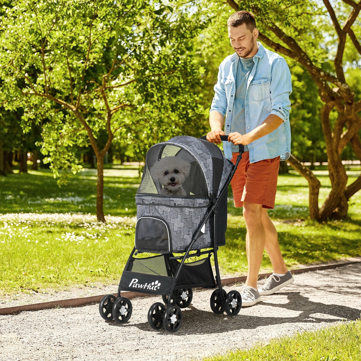 Compact Folding Pet Stroller - Large Carriage & Brakes for Small Sized Dogs, PawHut, Grey