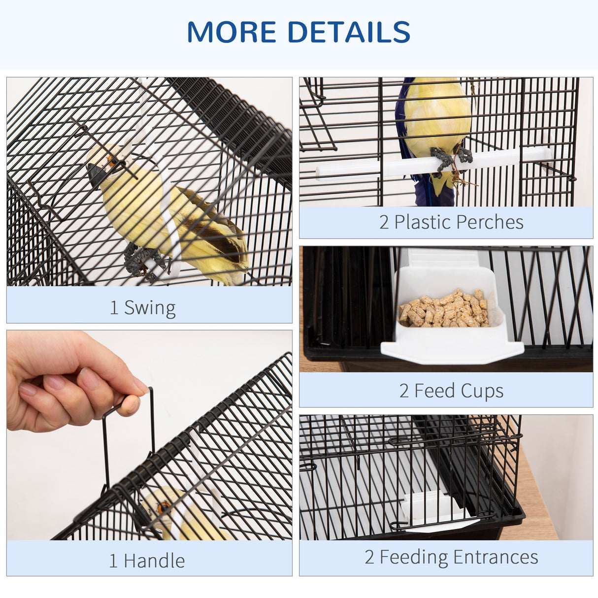 Compact Metal Bird Cage w/ Perches & Swing for Small Birds, PawHut,