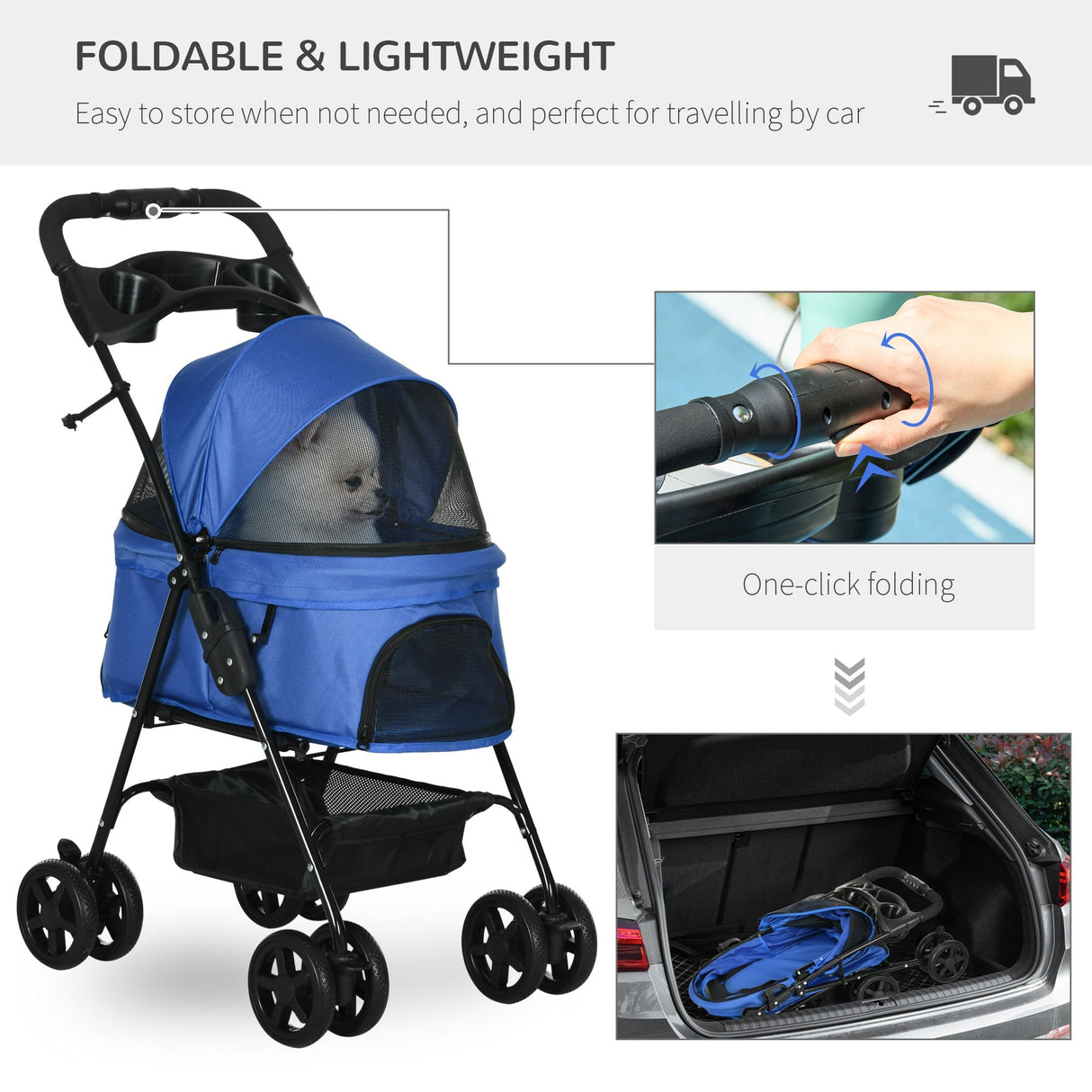 Compact Pet Stroller: Easy-Fold, Airy Mesh & Safety Leash, PawHut, Blue