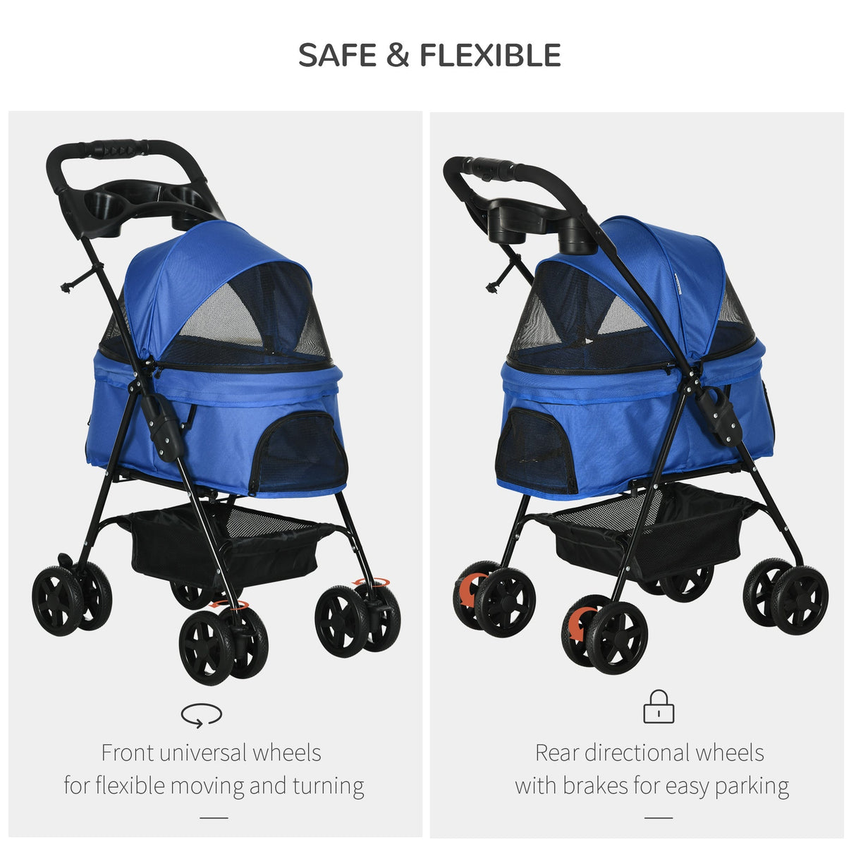 Compact Pet Stroller: Easy-Fold, Airy Mesh & Safety Leash, PawHut, Blue