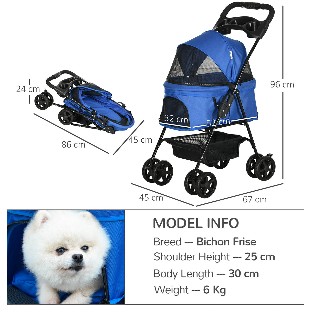 Compact Pet Stroller: Easy-Fold, Airy Mesh & Safety Leash, PawHut, Blue