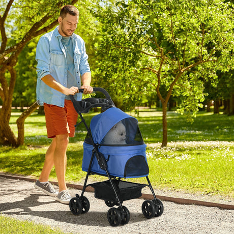 Compact Pet Stroller: Easy-Fold, Airy Mesh & Safety Leash, PawHut, Blue