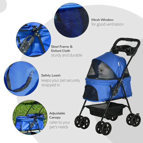 Compact Pet Stroller: Easy-Fold, Airy Mesh & Safety Leash, PawHut, Blue