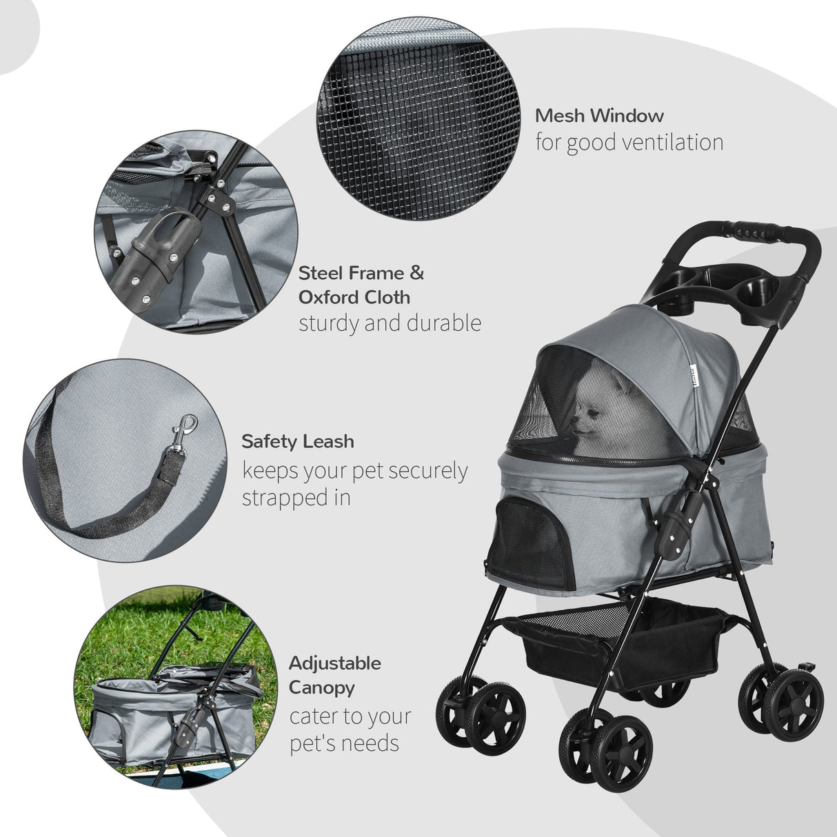 Compact Pet Stroller: Easy-Fold, Airy Mesh & Safety Leash, PawHut, Grey