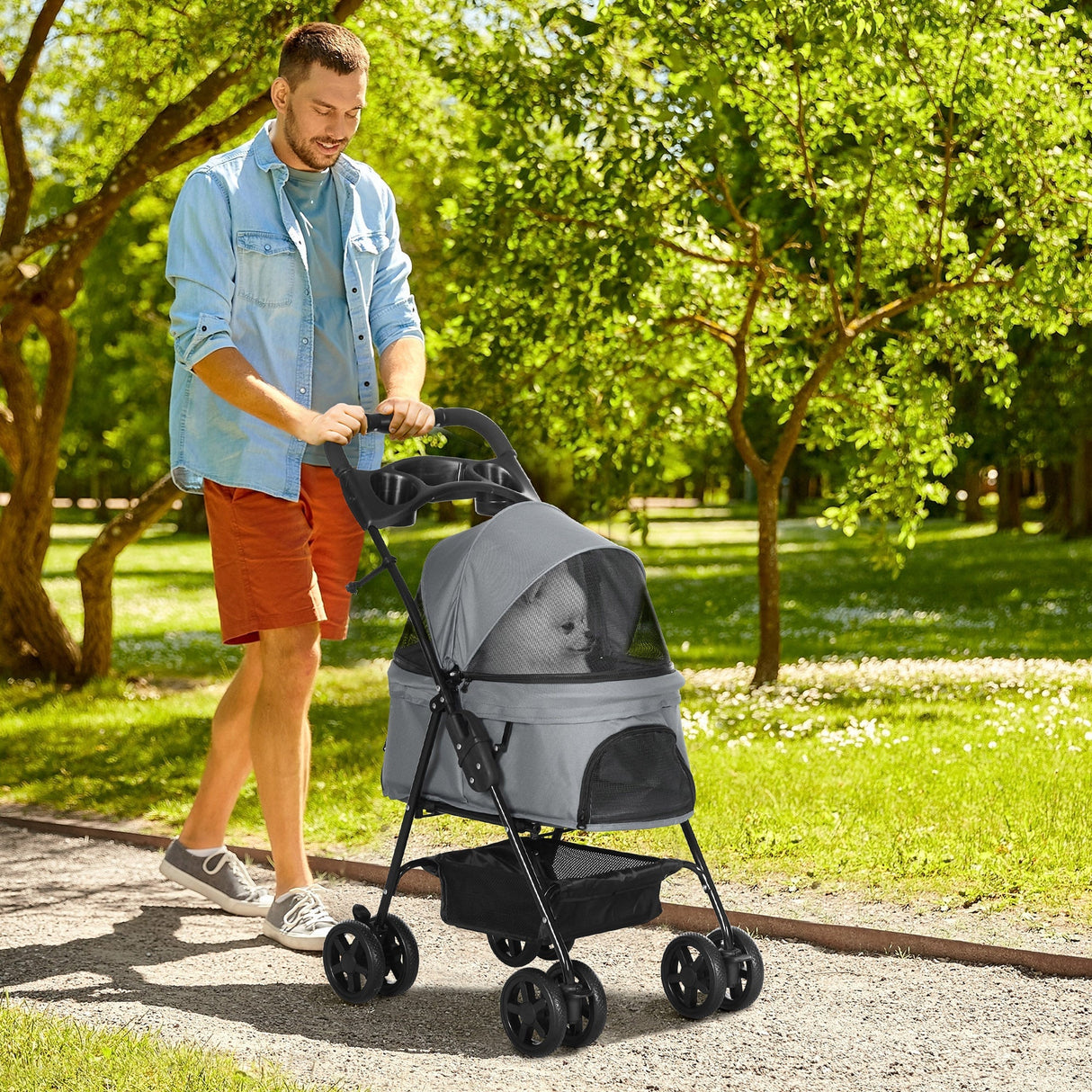 Compact Pet Stroller: Easy-Fold, Airy Mesh & Safety Leash, PawHut, Grey