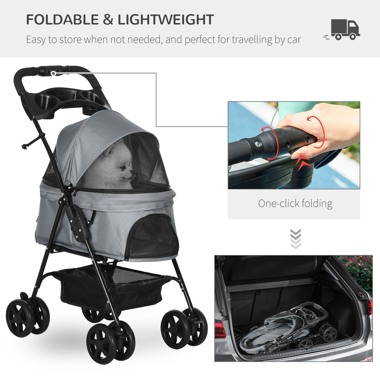 Compact Pet Stroller: Easy-Fold, Airy Mesh & Safety Leash, PawHut, Grey