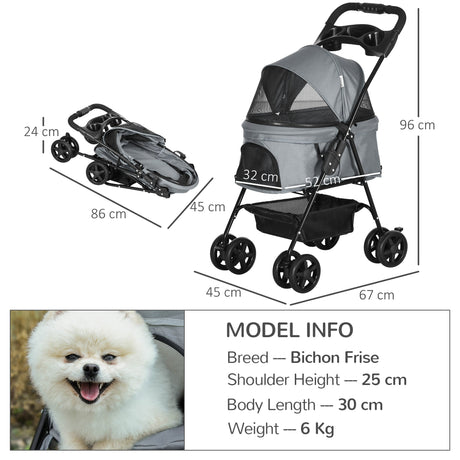 Compact Pet Stroller: Easy-Fold, Airy Mesh & Safety Leash, PawHut, Grey