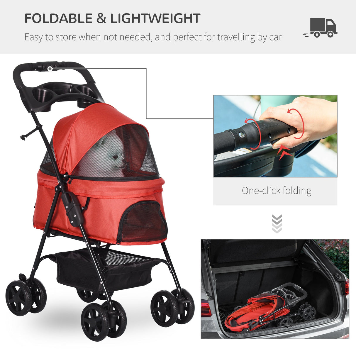 Compact Pet Stroller: Easy-Fold, Airy Mesh & Safety Leash, PawHut, Red