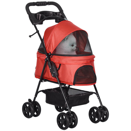 Compact Pet Stroller: Easy-Fold, Airy Mesh & Safety Leash, PawHut, Red